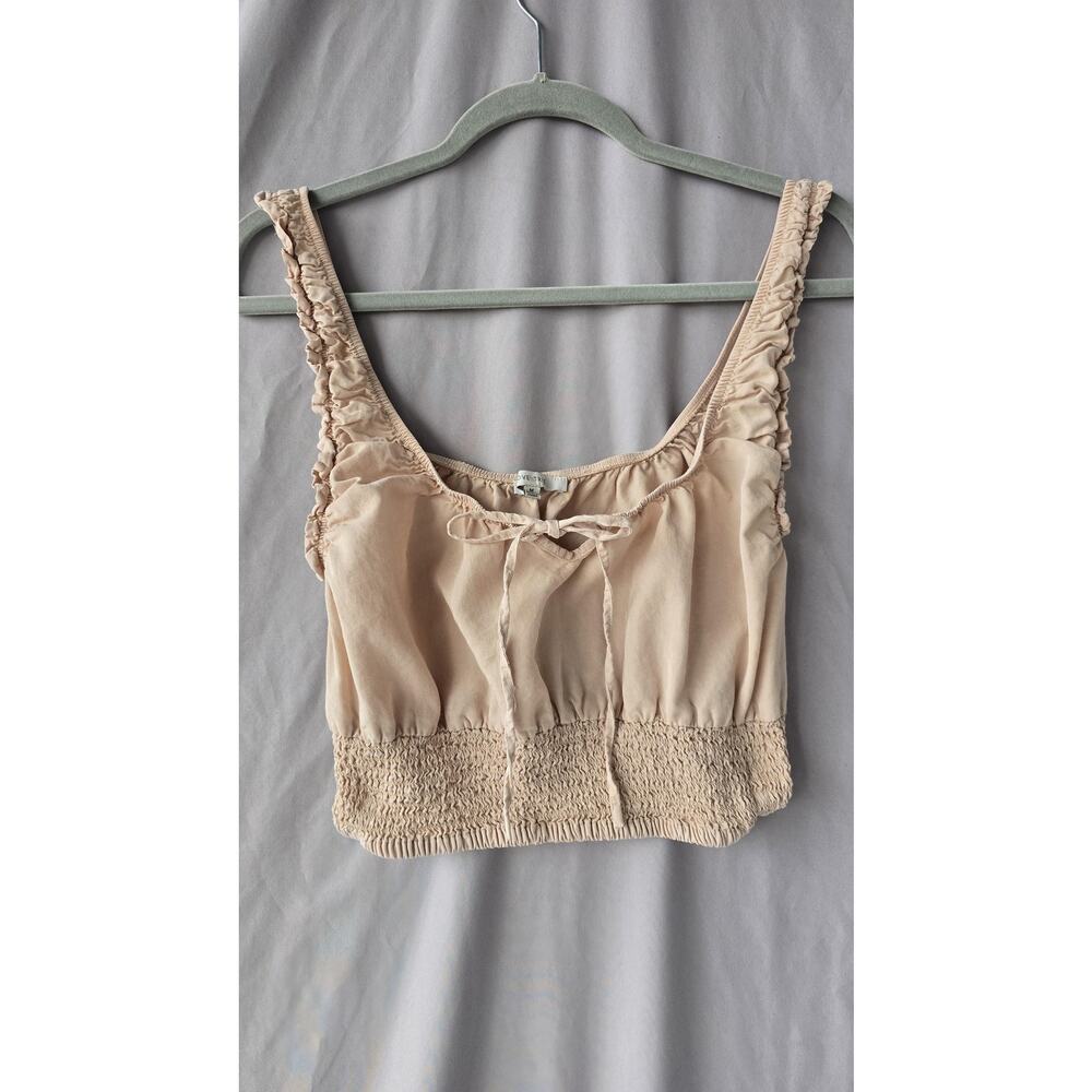 Love Tree Tank Top Womens Medium Beige Ruffle Strap Smocked Cropped Tencel